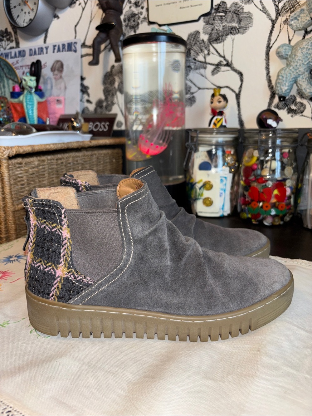 Women's Gray Suede Slip-On Ankle Sneakers with Tweed Accent